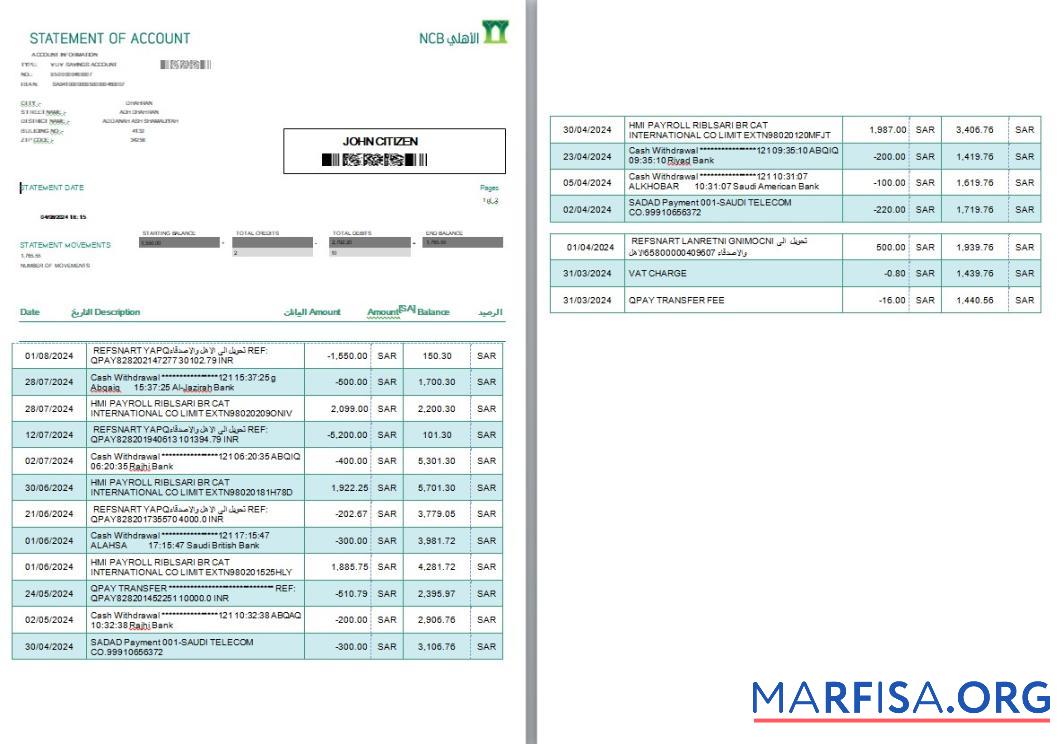 Downloadable Saudi Arabia NCB bank account statement word 2 pages example